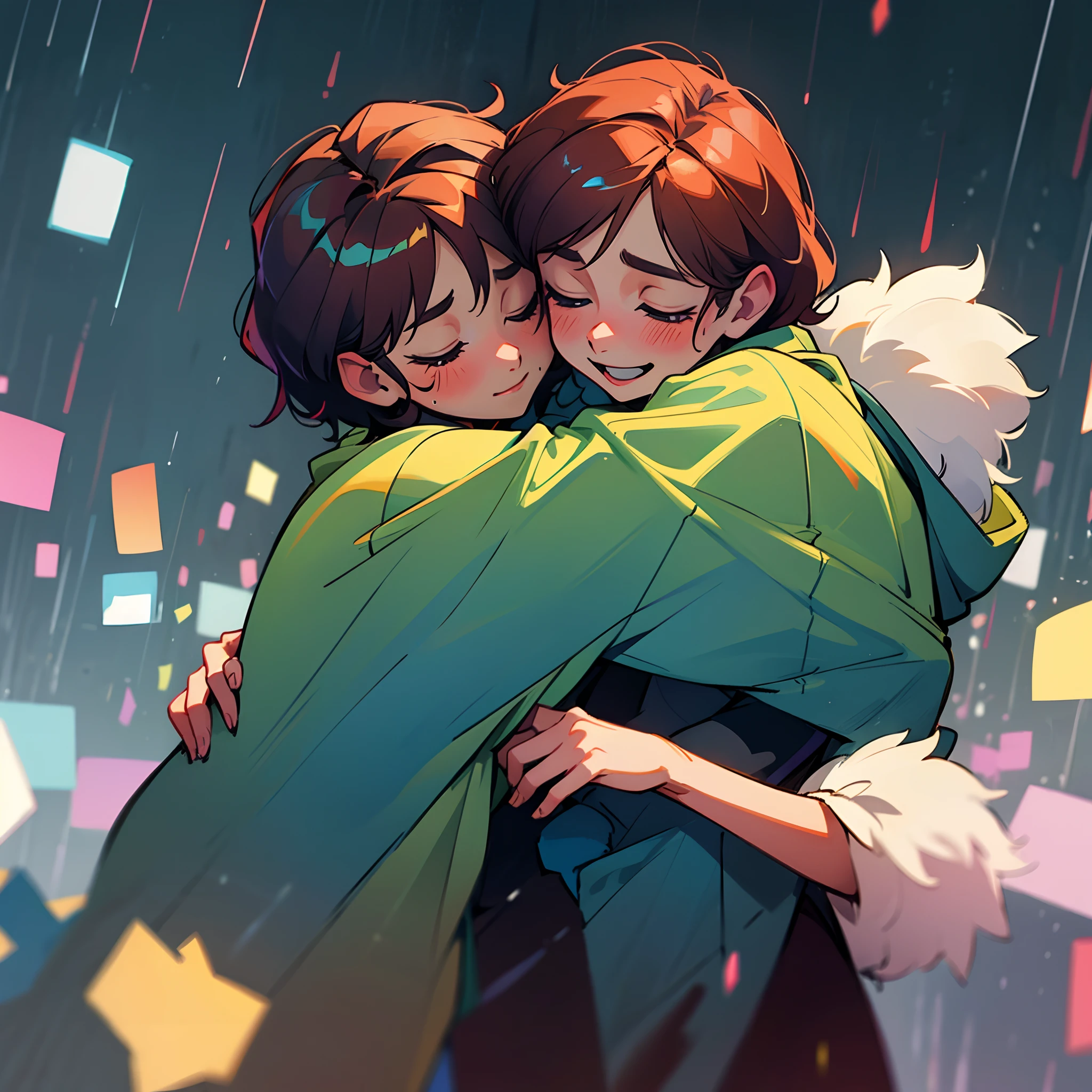 a lesbian couple hugging, cute movie scene, rainy