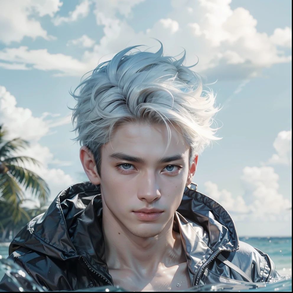 (max resolution: 1.2), (Ultra HDTV: 1.2), 8K resolution, Eye and skin details, face details, , (Sharp focus: 1.2), (Precise focus) sharp face: 1.2), Standing boy, Short hair, White hair, Shirtless, Exposed chest muscles, Six pack abs, transparent white briefs, Summer, Sea water, Coconut trees, Blue sky, White clouds, Light Sun, Table made of water