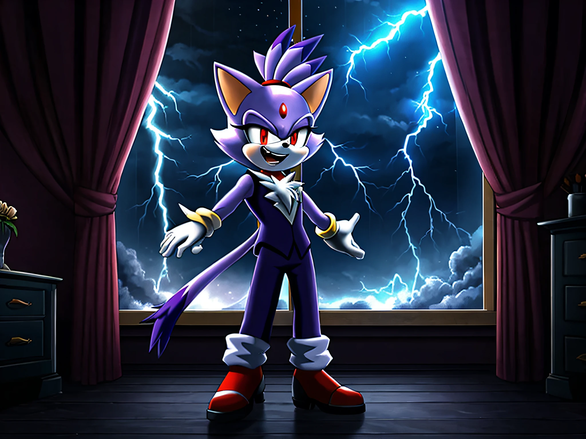 zoomed out image, high quality professional digital art, tall and skinny and shapely blaze the cat from sonic the hedgehog, blaze the cat outfit, bright glowing red eyes, fully clothed, evil laughter, villain standing pose, throwing head back, looking upwards, chest facing upwards, back arched, laughing evilly, hands spread out in the air, inside a glass apartment room, lightning outside the window, stormy night, creepy atmosphere, dark, stunning visuals