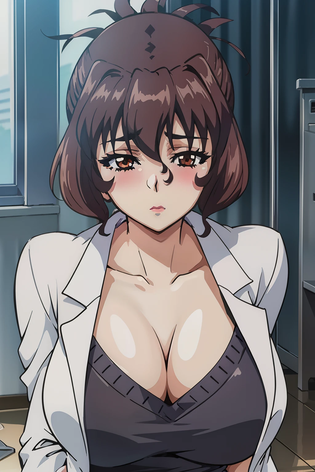 anime cels style, Aiko Katsuragi, best quality, high resolution, mature female, milf, 1girl, huge breasts, labcoat, makeup, lipstick, brown eyes, folded ponytail, brown hair, cleavage, perfect body, (gorgeous body:1.3), perfect eyes, perfect retina, eyeliner, eyeshadow, perfect face, (caring look:1.1), look at viewer, blush, high sharpness, sharp focus, medical room, professional artwork, intricate details, vivid colors, Diffused lighting, digital blending, ultra detailed body, ultra detailed hair, ultra detailed face, trending on pixiv