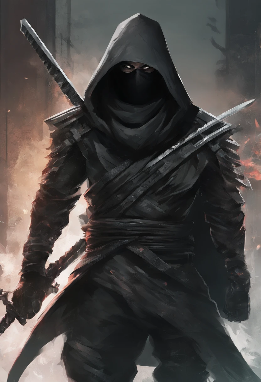 Ninja boy with black hood and black mask with white hair and green eyes, carregando armas de fogo