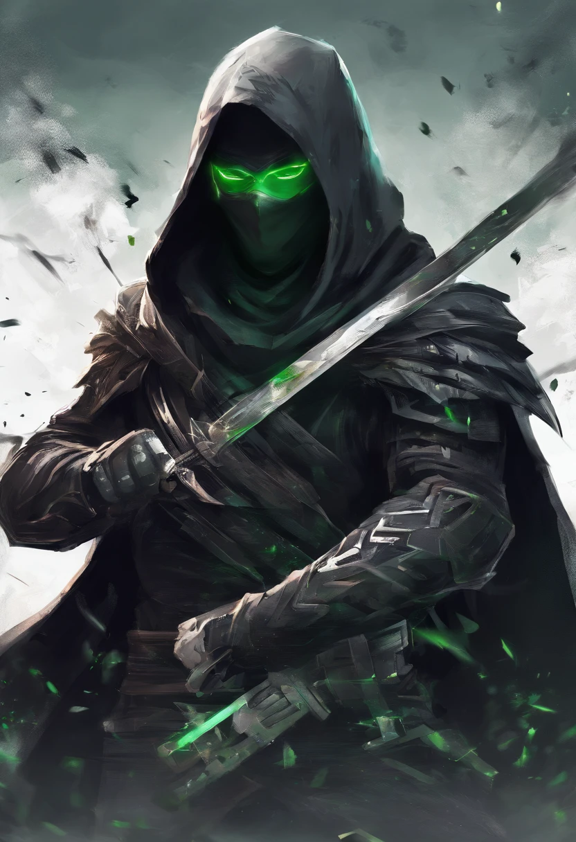 Ninja boy with black hood and black mask with white hair and green eyes, carregando armas de fogo