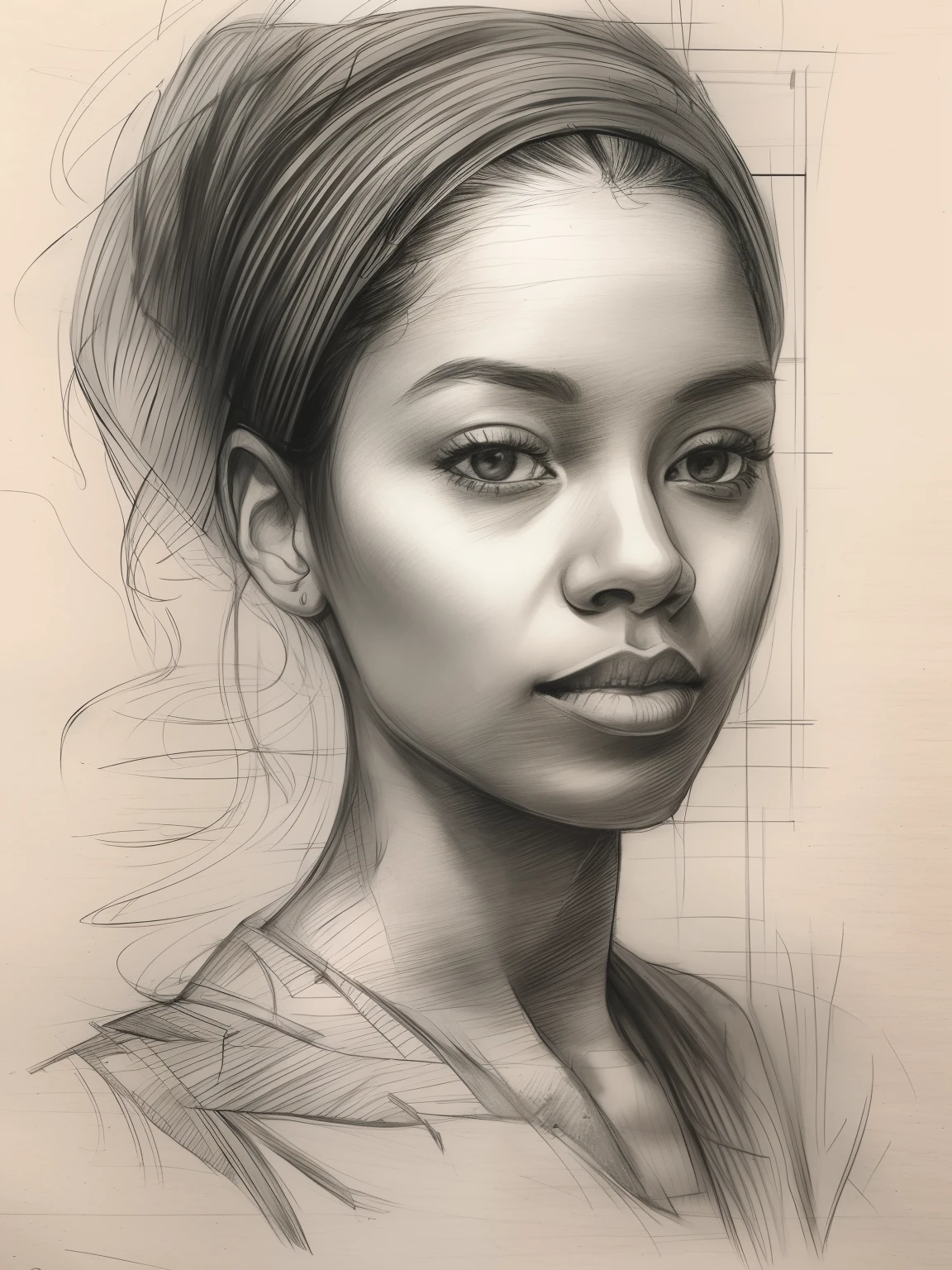 drawing of a woman, realistic sketch, hyperrealistic sketch, detailed pencil sketch, pencil sketch, realistic digital drawing, detailed sketch drawing, highly detailed portrait, detailed 4 k drawing, pencil draw, highly detailed sketch, realistic drawing, extremely detailed portrait, detailed but rough, pencil drawing illustration, realism drawing, detailed sketch, sketch art,((high quality, masterpiece:1.4)), 1girl, ((upper body)), portrait sketch, messy drawing, messy charcoal spots, unfinished sketch, sketchbook charcoal style drawing of a woman, sketchbook drawing, sketchbook, beautiful hair, medium short hair, beautiful face, symmetrical face, symmetrical eyes, ((paper material background)), realistic charcoal lines, imperfect drawing, charcoal crumbs, charcoal lines, imperfections, african american woman wearing an ornated veil, muslim, realistic