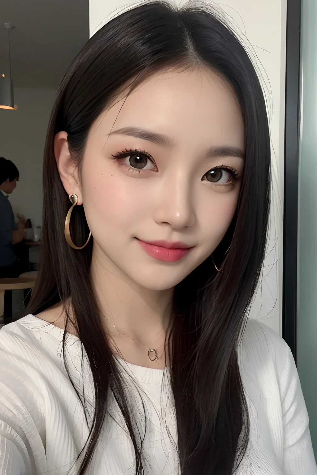 black hair, hair shaking, long eyelashes, solid round eyes, light smile, moles under the eyes, heart earrings, light smile, shy, pursed lips, surrealism, shadow, stereoscopic view, angle oF view, atmospheric perspective, Depth oF Field, First person perspective, F/1.8, 8K, super detail, accurate, best quality, high resolution, best quality,Full bodyesbian