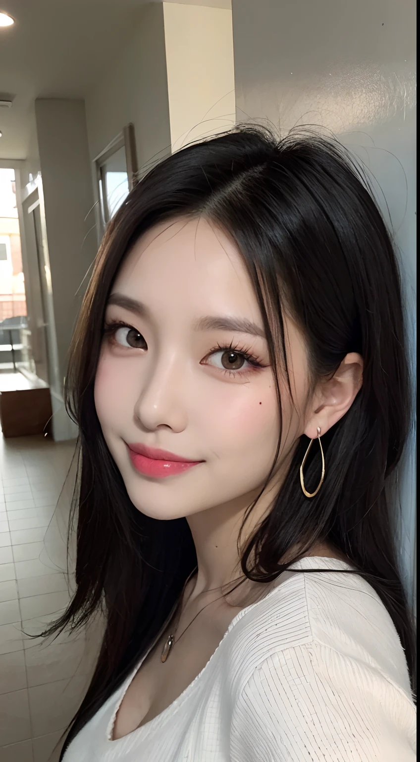black hair, hair shaking, long eyelashes, solid round eyes, light smile, moles under the eyes, heart earrings, light smile, shy, pursed lips, surrealism, shadow, stereoscopic view, angle oF view, atmospheric perspective, Depth oF Field, First person perspective, F/1.8, 8K, super detail, accurate, best quality, high resolution, best quality,Full bodyesbian