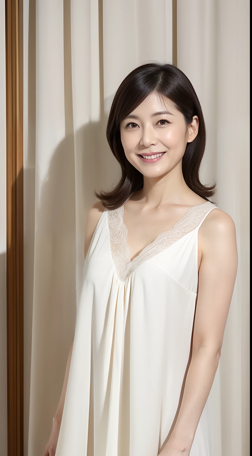 Masterpiece,Best quality, (maam. clerk:1), ((Portrait:1.3)), Cross arms,Huge room,Chest straight,Tall, Smile,Crane pattern deep V-neck ice silk slip nightdress,Long white legs,Plain transparent sandals,skin hyper-detail,Clear pores,in a panoramic view,Cocked buttocks,No underwear,Beautiful young Japanese woman over 50 years old, Perfect face, Fantastic look, (Detailed facial features), Clean and nice face,