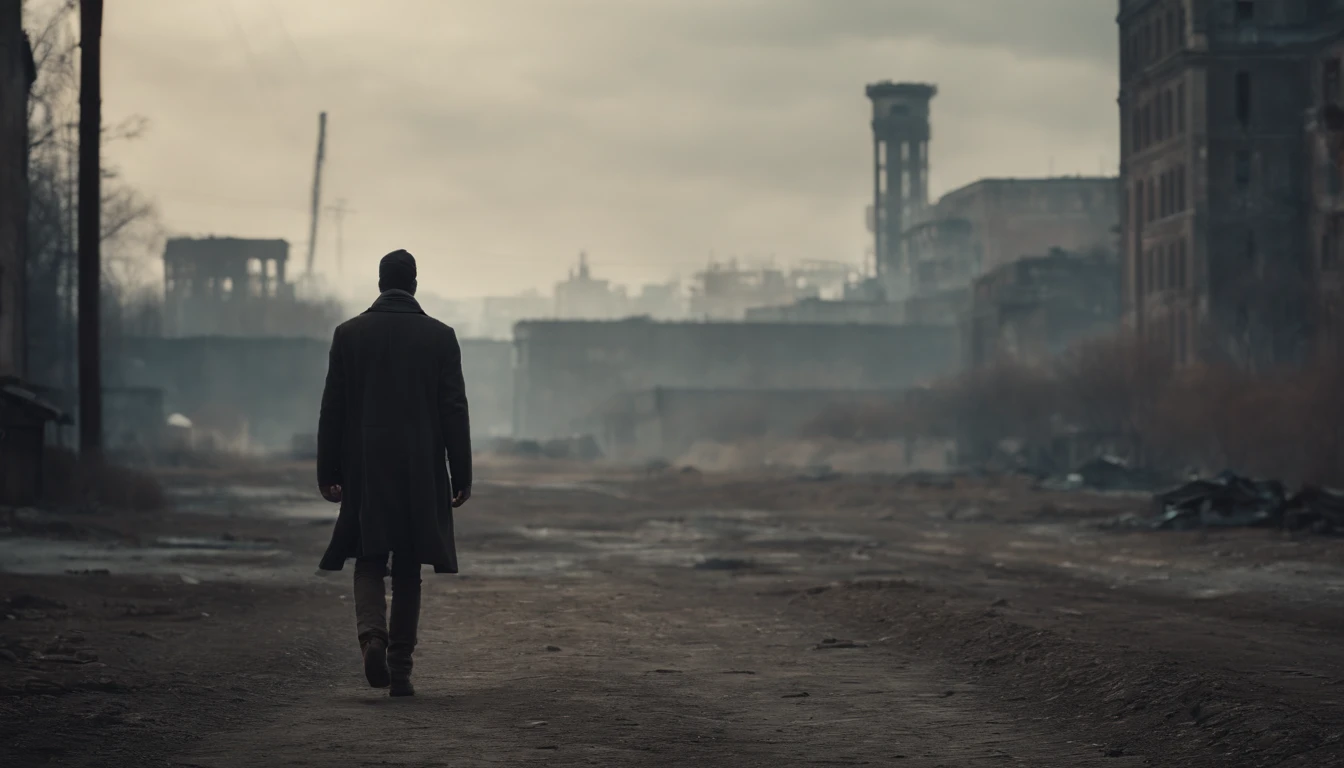 Mysterious man walking alone in an abandoned post-apocalyptic metropolis