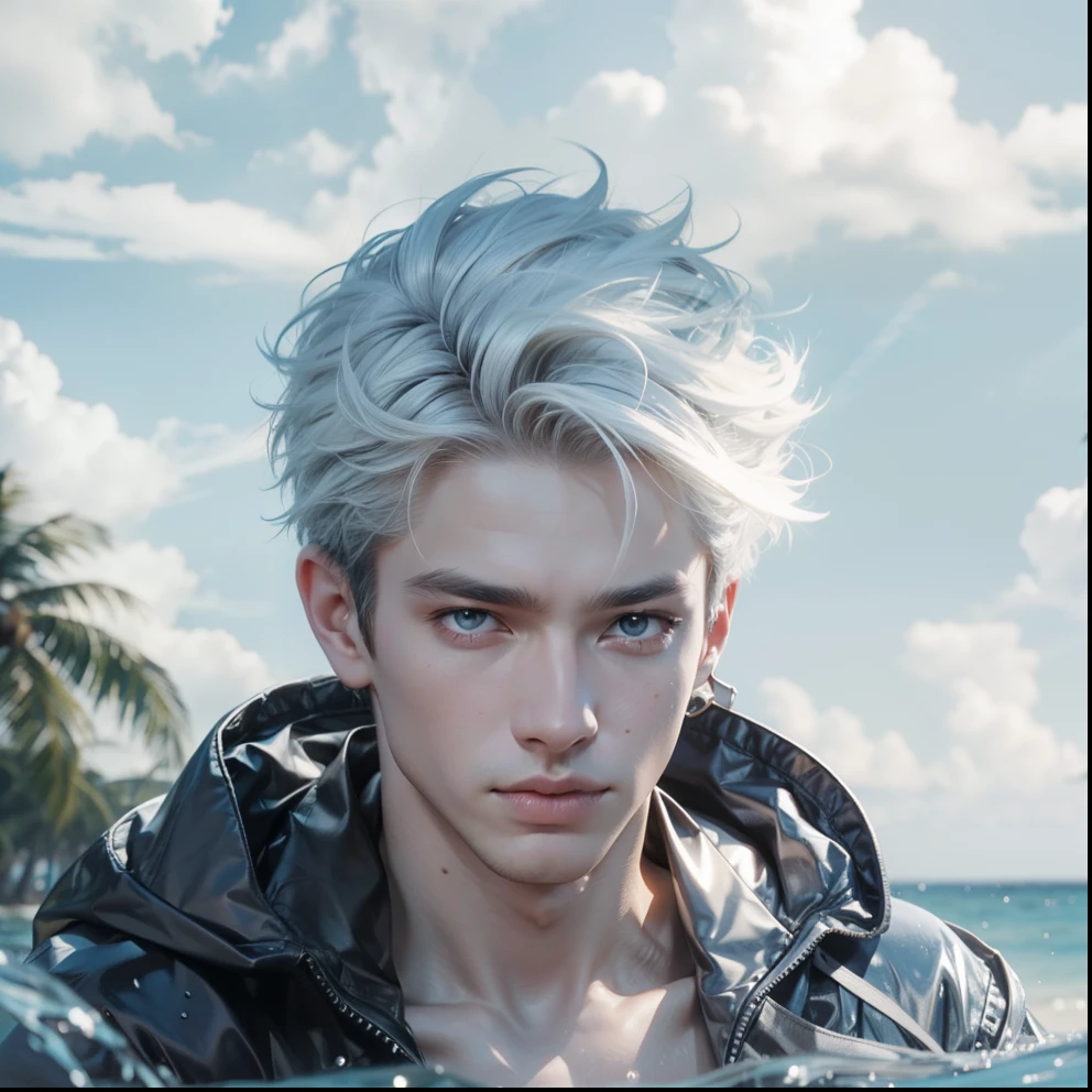 (max resolution: 1.2), (Ultra HDTV: 1.2), 8K resolution, Eye and skin details, face details, , (Sharp focus: 1.2), (Precise focus) sharp face: 1.2), Standing boy, Short hair, White hair, Shirtless, Exposed chest muscles, Six pack abs, transparent white briefs, Summer, Sea water, Coconut trees, Blue sky, White clouds, Light Sun, Table made of water