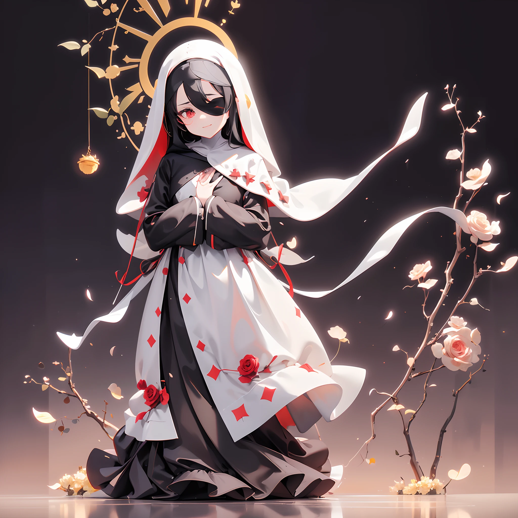 (((Pray for a nun ,Evil sensual smile,Wearing a blindfold,a closed mouth,One lady,Wearing a hood,Smaller chest, Pose of looking up to the heavens and praying,Surrounded by plants around))),White and gold clothes,fullllbody,without background,ung Women, Hooded clothing,striated hair, eye reflections, high detal, Gothic art, barroco, motion-blur, Ray traching, reflective light, multiple views, Perspective, ultra wide-angle, ​masterpiece, Anatomically correct, Textured Leather, Super Detail, high details, hightquality, Better Quality,cherry trees,roses,Sun flower,hortensia
