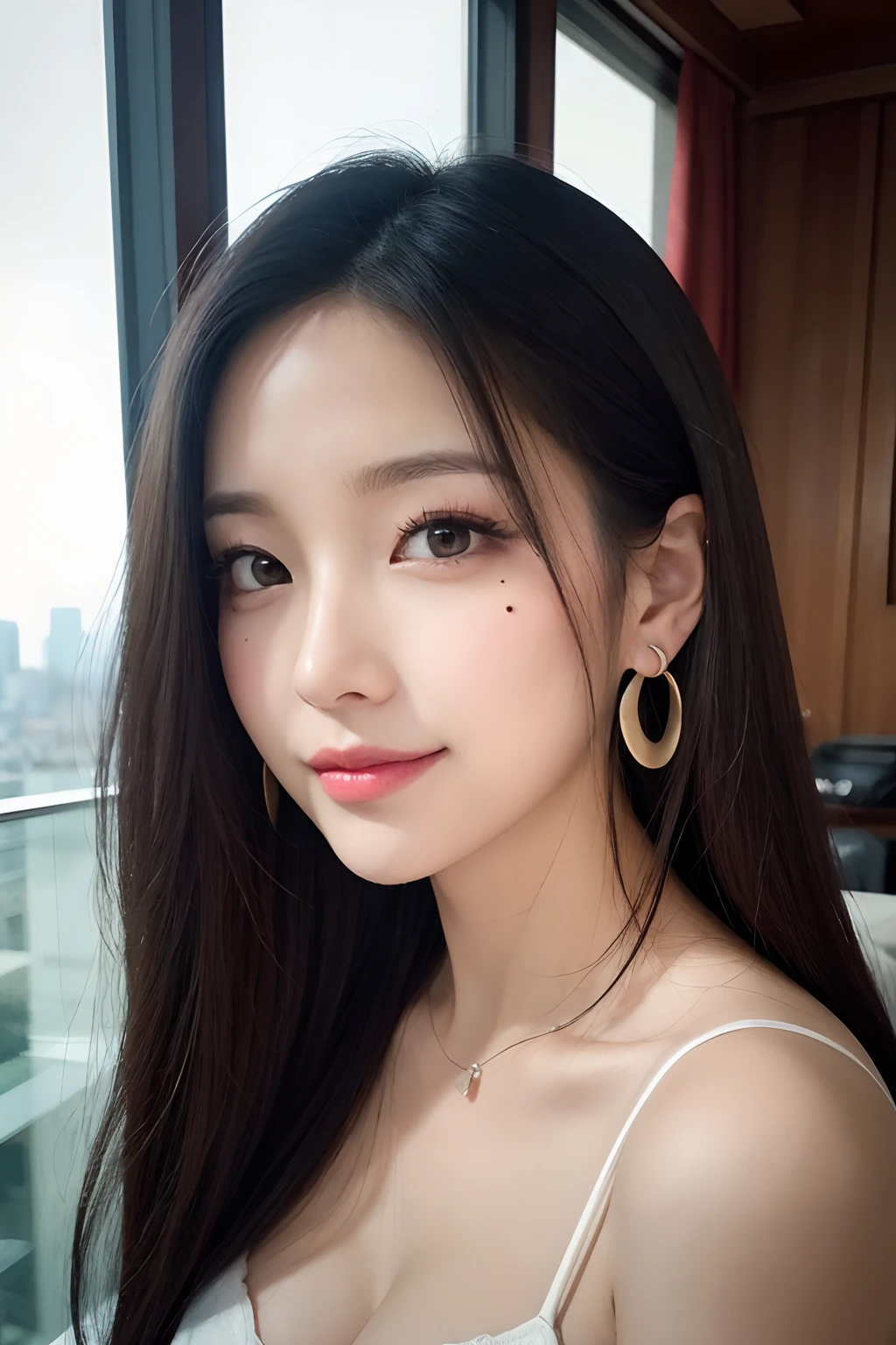 Black hair, hair bobbles, long eyelasher, solid circle eyes, Light smile, Moles under eyes, Heart earrings, Light smile, Shy, puckered lips, surrealism, shadowing, stereograms, angle of view, Atmospheric perspective, Depth of field, first person perspective, f/1.8, 8K, Super detail, ccurate, Best quality, A high resolution, Best quality,full bodyesbian