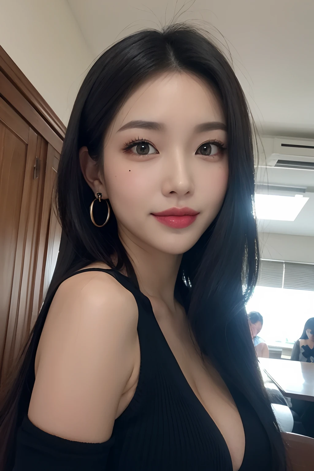 Black hair, hair bobbles, long eyelasher, solid circle eyes, Light smile, Moles under eyes, Heart earrings, Light smile, Shy, puckered lips, surrealism, shadowing, stereograms, angle of view, Atmospheric perspective, Depth of field, first person perspective, f/1.8, 8K, Super detail, ccurate, Best quality, A high resolution, Best quality,full bodyesbian