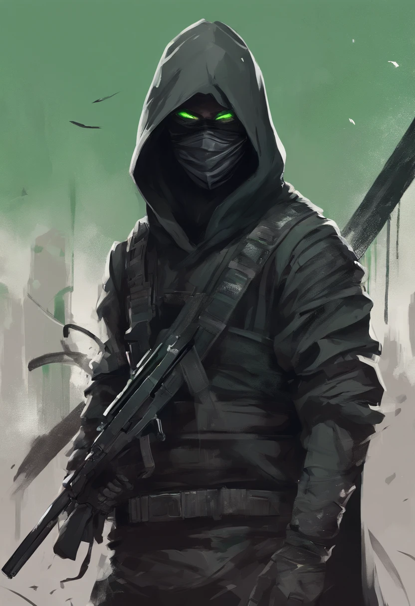Ninja boy with black hood and black mask with white hair and green eyes carrying firearms