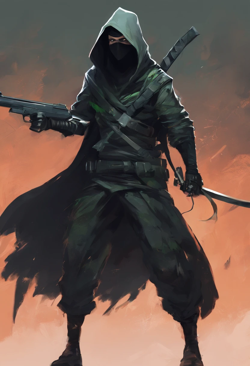 Ninja boy with black hood and black mask with white hair and green eyes carrying firearms