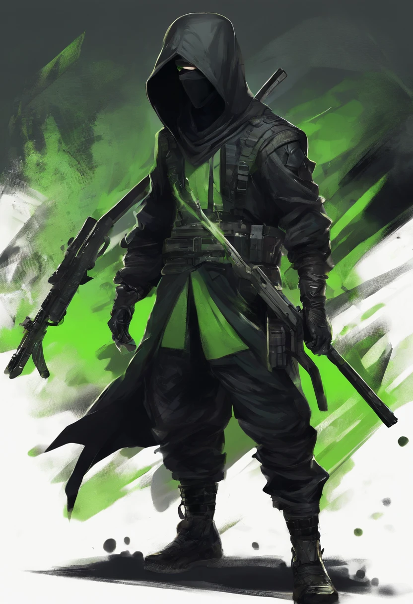 Ninja boy with black hood and black mask with white hair and green eyes carrying firearms