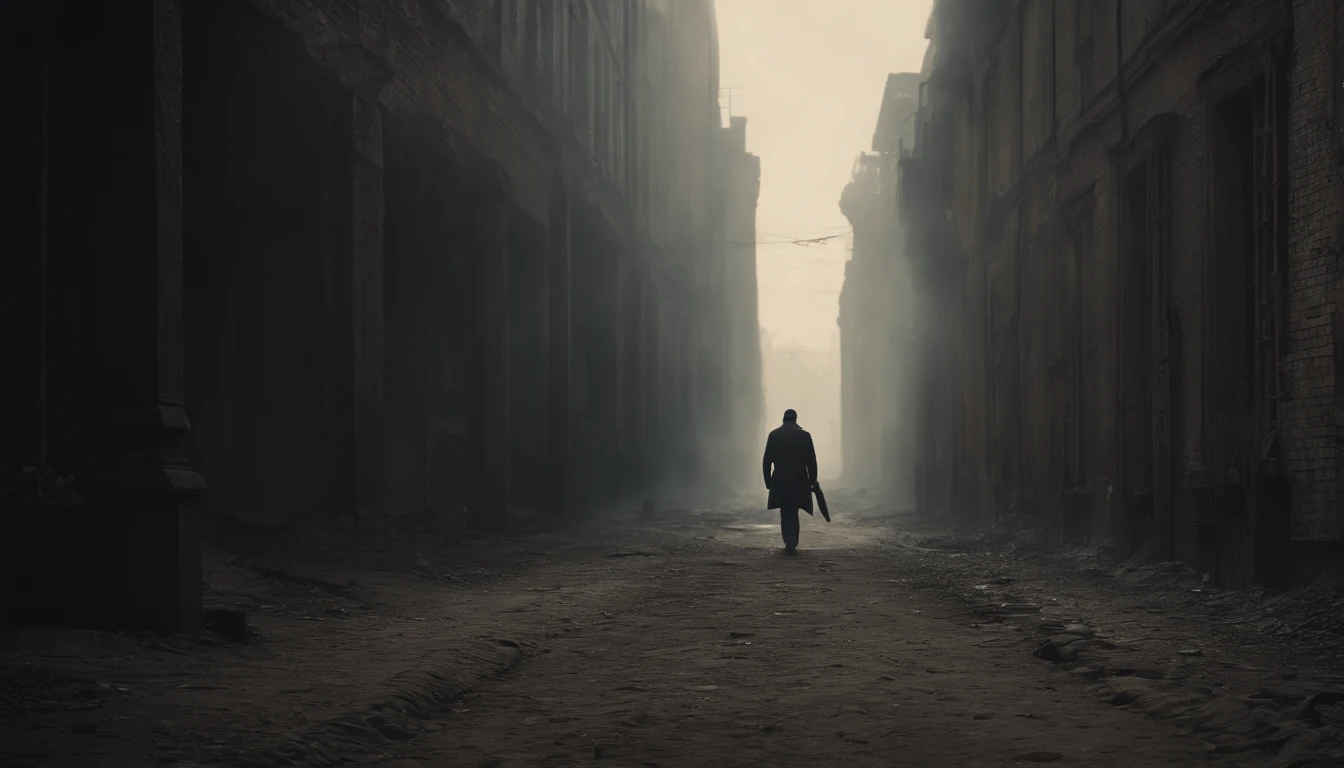 Mysterious man walking alone in an abandoned post-apocalyptic metropolis