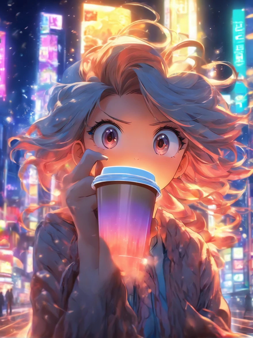 Anime Long haired girl holding coffee, traincore's style, realistic portrait, dark silver and light black style, traincore's style, realistic portrait, gray, realistic city scene, realistic scene, black and gray, 32k uhd, Meticulous brush, realistic drawing, wavy, glossy, I can't believe how beautiful this is