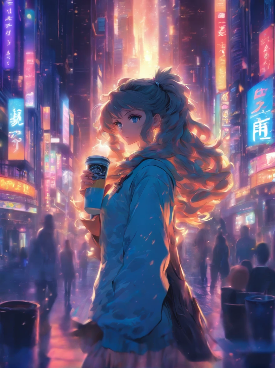 Anime Long haired girl holding coffee, traincore's style, realistic portrait, dark silver and light black style, traincore's style, realistic portrait, gray, realistic city scene, realistic scene, black and gray, 32k uhd, Meticulous brush, realistic drawing, wavy, glossy, I can't believe how beautiful this is