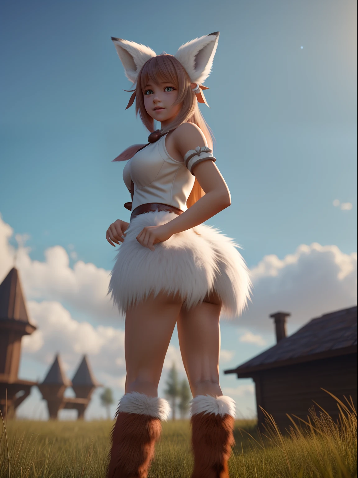 a fox girl with fluffy ears and a tail, cute amd adorable face, standing, looking to viewers, 8k, fantasy realistic --auto