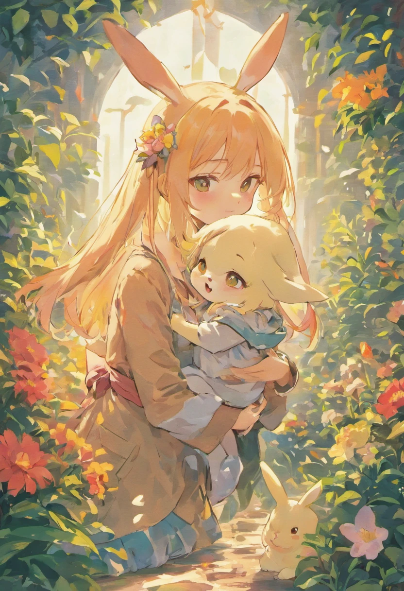 "Rabbit" you happy goddess soft cute rabbit hugging bucket flowers