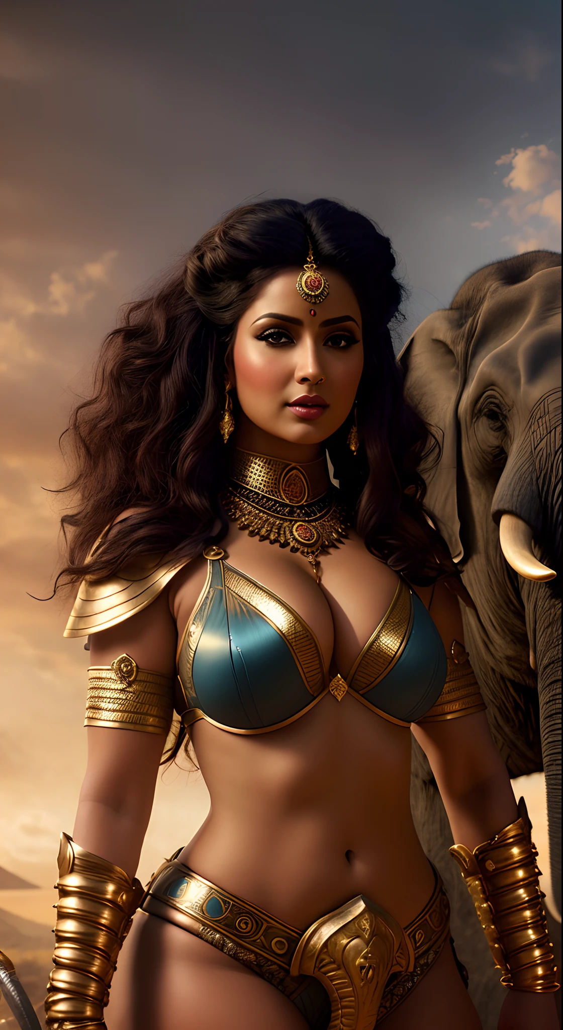 there is a busty curvy lusty woman in a costume standing next to an elephant, 4k fantasy art, a beautiful woman warrior, indian goddess, 4 k detail fantasy, cinematic goddess shot, still from a fantasy movie, deviantart artstation cgscosiety, cinematic goddess close shot, 4k art, beautiful female warrior, beautiful character painting, detailed matte fantasy portrait