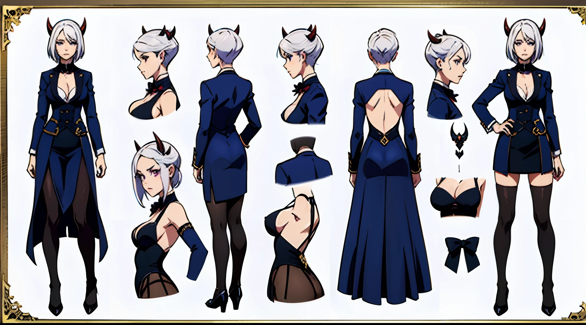 (Masterpiece, best quality), detailed, 1girl, ((character concept art)), ((character design sheet, same character, front, side, back)), many items, (black demon horns, "adventure guild" guild master formal uniform, "ex dungeon explorer", many parts), detailed purple eyes, detailed face, different expressions, small B cup boobs, white hair and white skin, detailed hair, formal style haircut, full of details.