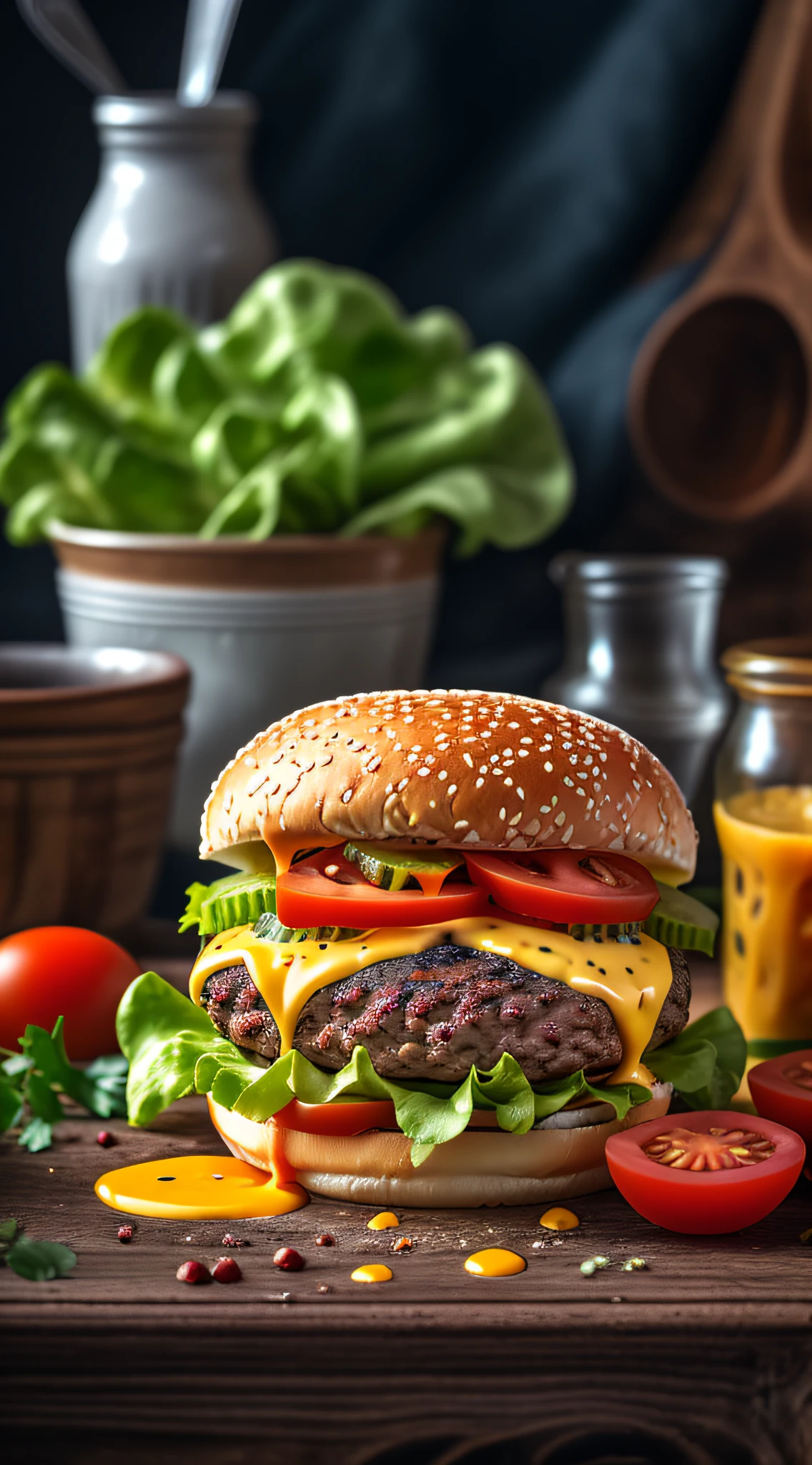 masterpiece, best quality,burger photo, food, food focus, no humans, tomato, blurry, still life, realistic, burger, cup, lettuce, fruit, onion, bowl, depth of field, vegetable, blurry background, cheese, bottle