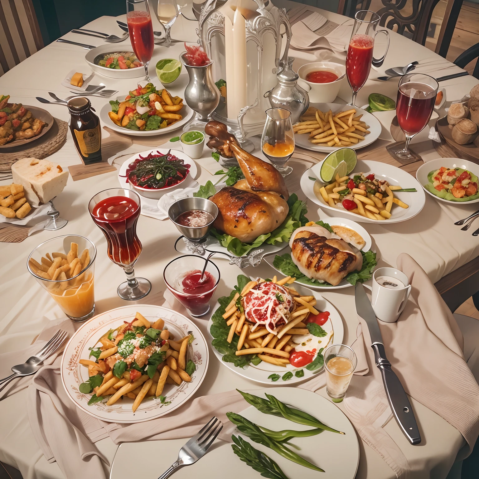dining table, goblet,Chicken chop, french fries,ketchup.Knives and forks.