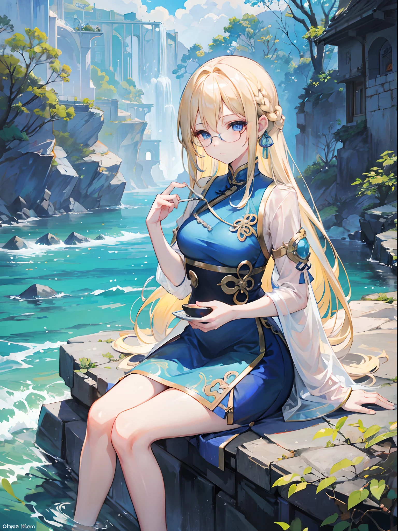 Beautiful long blonde hair, Blue Highlights, Bright blue eyes ,Show your hands..,18 year old girl,.Wear qipao.,Left Braid,Glasses sitting on rocks by the river.