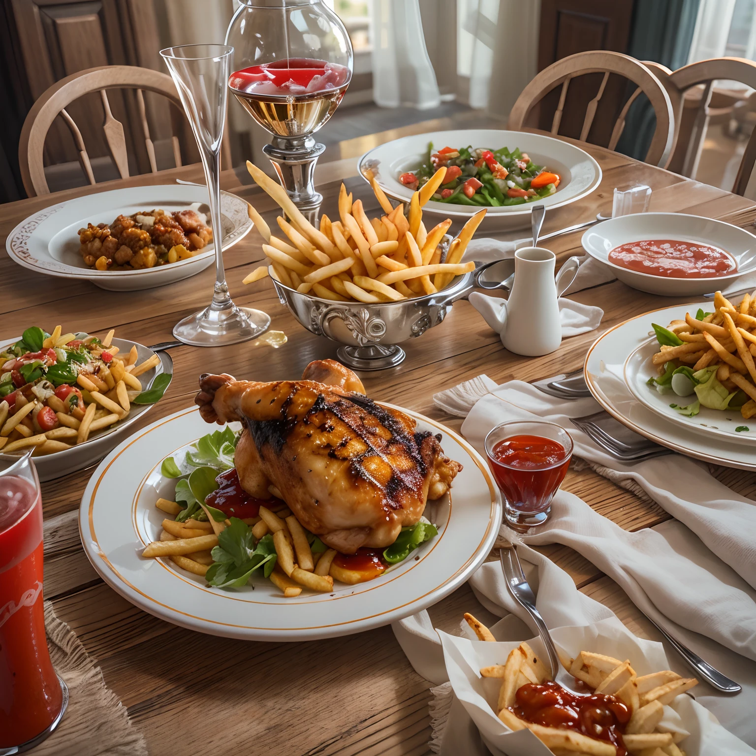 dining table, goblet,Chicken chop, french fries,ketchup.Knives and forks.