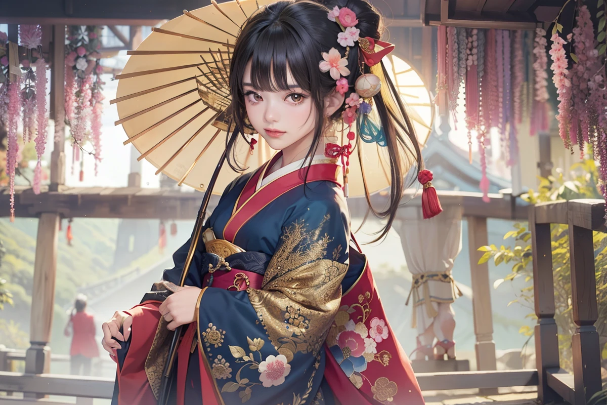 Detailed background(Bridge over a deep valley)、(Gorgeous and elegant backgrounds:1.2), standing on a bridge、BREAK,elaborate costume{Luxury kimono(Colorful kimono(Detailed golden embroidery,))}、(Japanese Idol(actress):1.2)(face perfect:1.2),Depict a beautiful and graceful woman of Japan。glossy dark hair,poneyTail,Heart in the eye。 Wallpapers 16K, .Blur the background with a sickle,((masutepiece)), ((Best Quality)),{{a portrait photo of}},full body Esbian、Faraway view