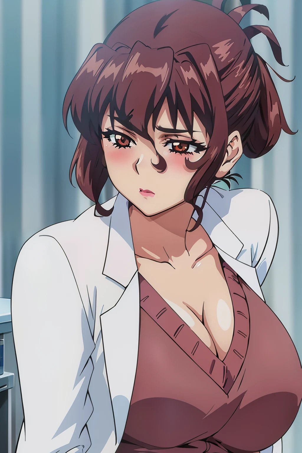 anime cels style, Aiko Katsuragi, best quality, high resolution, mature female, milf, 1girl, huge breasts, labcoat, makeup, lipstick, brown eyes, folded ponytail, brown hair, cleavage, eyeliner, eyeshadow, (caring look:1.1), look at viewer, blush, medical room, professional artwork