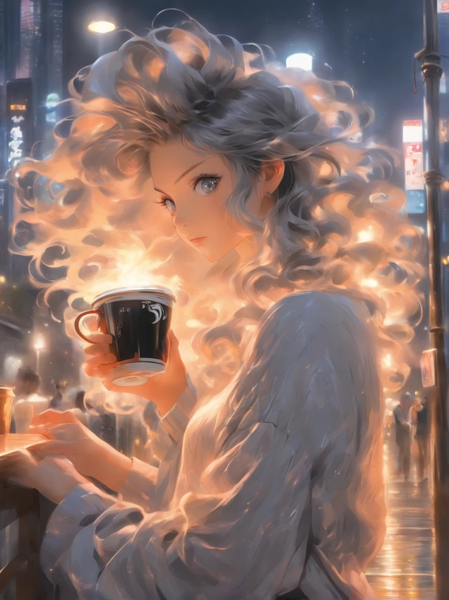 Anime girl with long hair is serving coffee,In the inside style train core,Portrait of realism,In the style dark silver and light black,It's the style of traincore。Realist portrait,greys,Realistic city scene,realistic scene,black and grey,32k uhd,Meticulous,Realistic painting,wave,shiny/lisses,I can't believe how beautiful this is