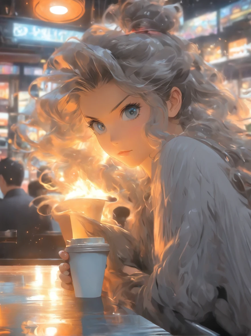 Anime girl with long hair is serving coffee，In the inside style train core，Portrait of realism，In the style dark silver and light black，It's the style of traincore。Realist portrait，greys，Realistic city scene，realistic scene，black and grey，32k uhd，Meticulous，Realistic painting，wave，shiny/lisses，I can't believe how beautiful this is