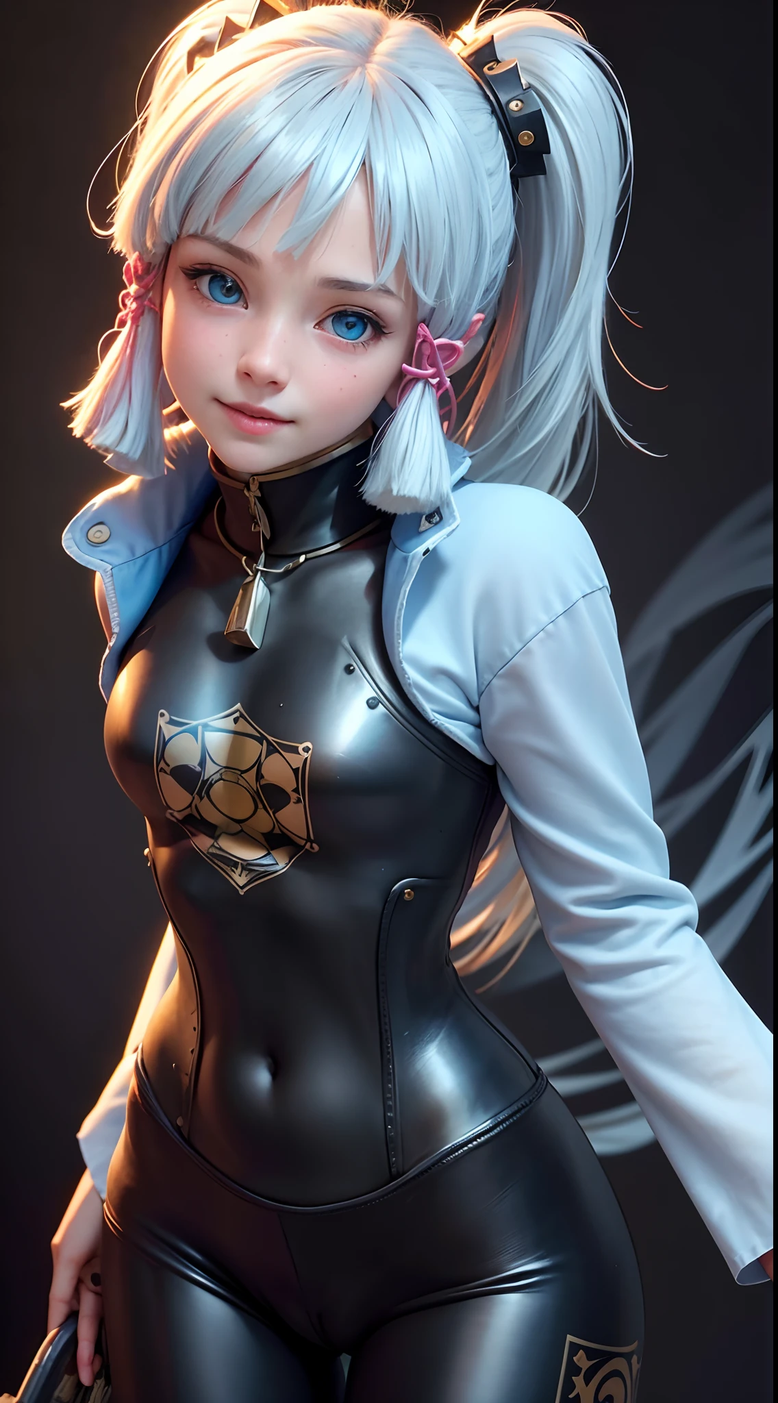 {best quality}, {{masterpiece}}, {high res}, extremely detailed CG, extremely detailed 8K wallpaper, extremely detailed character,{an extremely delicate and beautiful portrait}, (((portrait))), solo, sharp focus, dramatic angle, {{cinematic lighting}}, (photorealistic:2), {{{character ({{{a girl}}}, {{{{{{}}}}}}, smile, opened mouth, beautiful detailed eyes, light blue eyes)}}}, ((18 years old)), highly detailed eyes, highly detailed face, (cowboy shot), 1 girl, solo, standing, studio background, (black background), white hair, multicolored hair, petite, blue hoodie, hair ornament, (((tight clothes)))