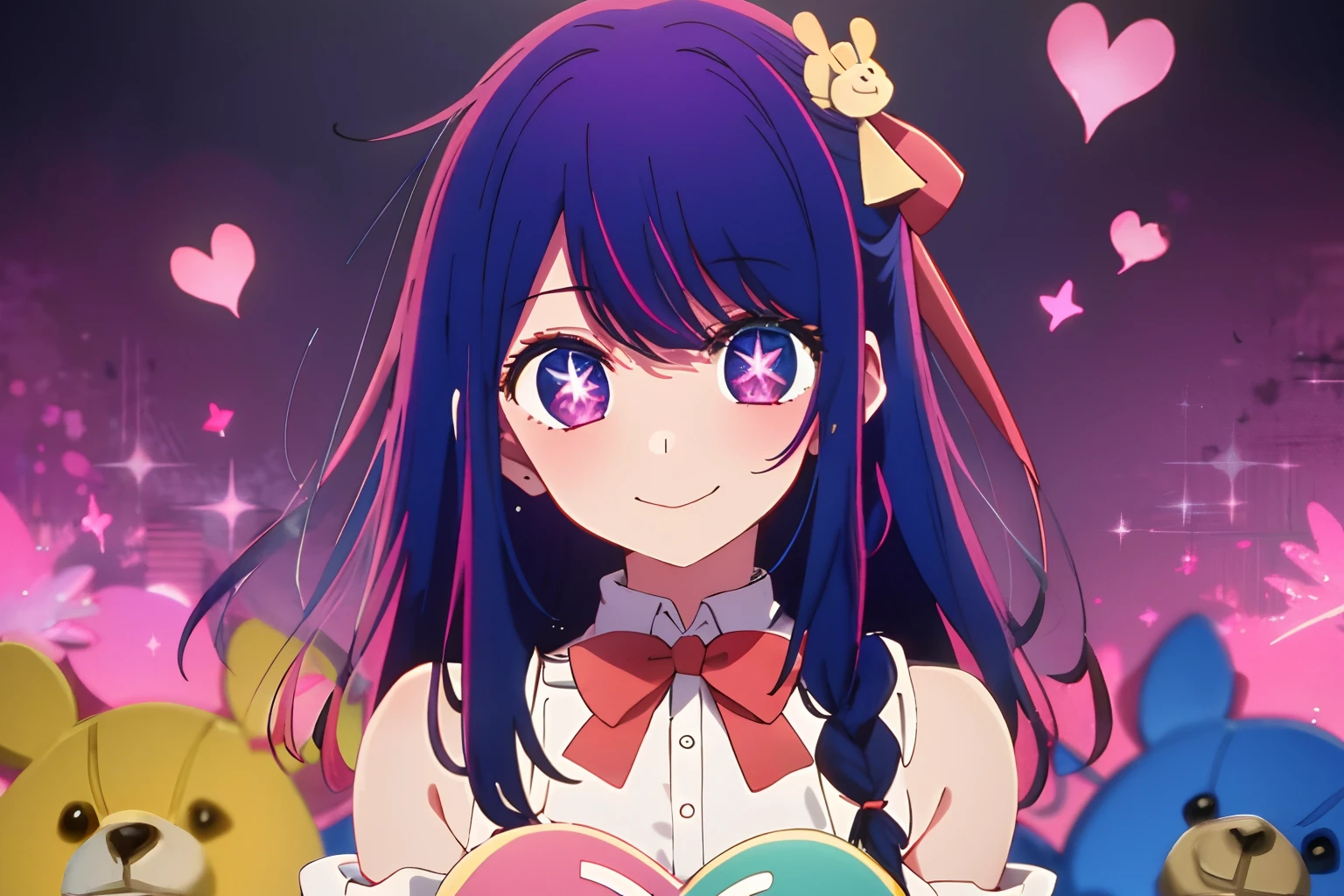 1girl, solo, looking at viewer, smile, bangs, hair ornament, bow, ribbon, holding, bare shoulders, closed mouth, upper body, braid, heart, detached sleeves, wrist cuffs, Star symbol-shaped pupils, heart-shaped pupils, stuffed toy, stuffed animal, bug, purple background, teddy bear, striped bow, holding stuffed toy, purple hair, purple galaxy hair, purple eyes