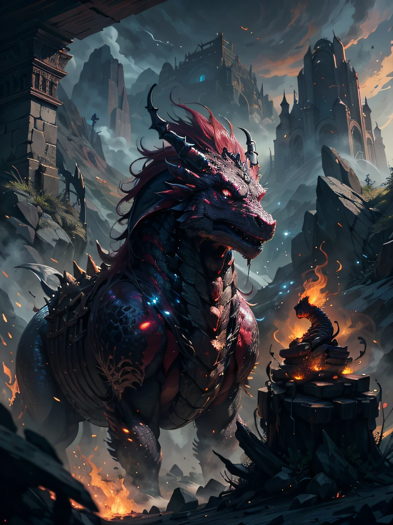 Portrait of a terrifying dragon sitting on a mountain、3/5 shots、hight resolution、​masterpiece、foco nítido、lighting like a movie、Black magic style、dim colors、fire-breathing、Surrounded by smoke、Burning Forest、ruin city、Detailed chest depiction、detailed face depiction