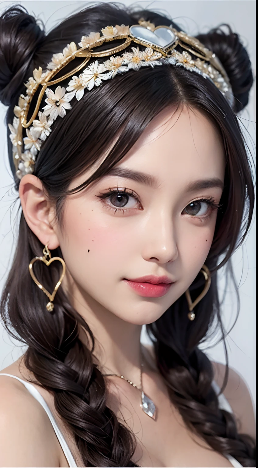 Black hair, hair bobbles, long eyelasher, solid circle eyes, Light smile, Moles under eyes, Heart earrings, Light smile, Shy, puckered lips, surrealism, shadowing, stereograms, angle of view, Atmospheric perspective, Depth of field, first person perspective, f/1.8, 8K, Super detail, ccurate, Best quality, A high resolution, Best quality,full bodyesbian