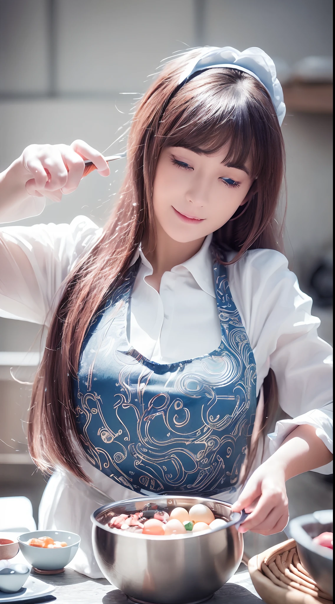 (Best quality, Ultra-detailed, Realistic:1.37), sliver long hair, Fantastic blue eyes, Happy woman beating eggs with chopsticks, Soft lighting, pink apron, illustration, bangs, Flowing hair, Gentle breeze, Shiny hair