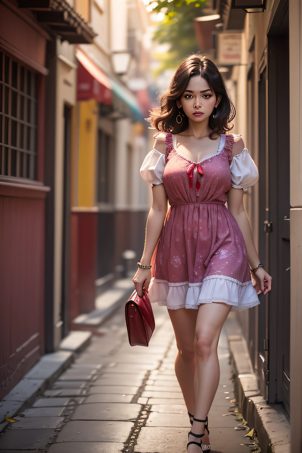 "uma mulher linda, morena, com cabelos negros e longos, usa um vestido vermelho, com fita e escote escorregando pelos ombros, sem estar nua ou seminua, estilo latino, olhando para o por do sol no horizonte, with a seductive expression, in a CinemaParadise-style scene".(fotografia hiper realista sem defeitos).