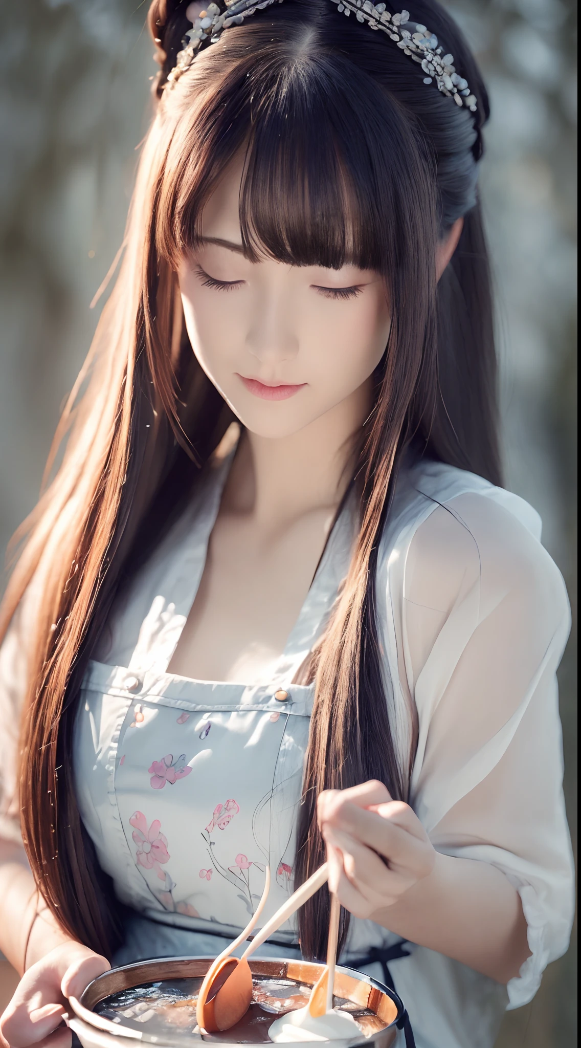 (Best quality, Ultra-detailed, Realistic:1.37), sliver long hair, Fantastic blue eyes, Happy woman beating eggs with chopsticks, Soft lighting, pink apron, illustration, bangs, Flowing hair, Gentle breeze, Shiny hair
