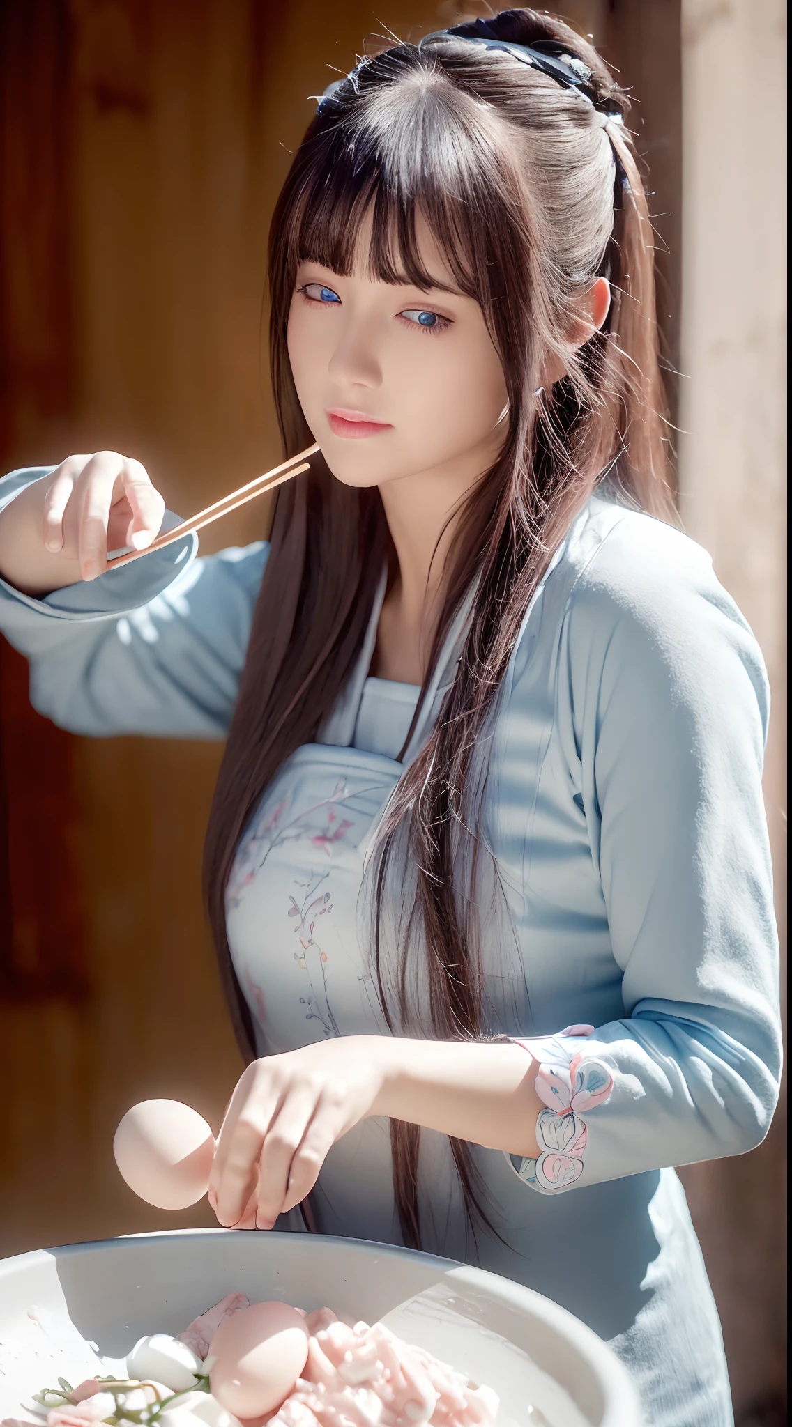 (Best quality, Ultra-detailed, Realistic:1.37), sliver long hair, Fantastic blue eyes, Happy woman beating eggs with chopsticks, Soft lighting, pink apron, illustration, bangs, Flowing hair, Gentle breeze, Shiny hair