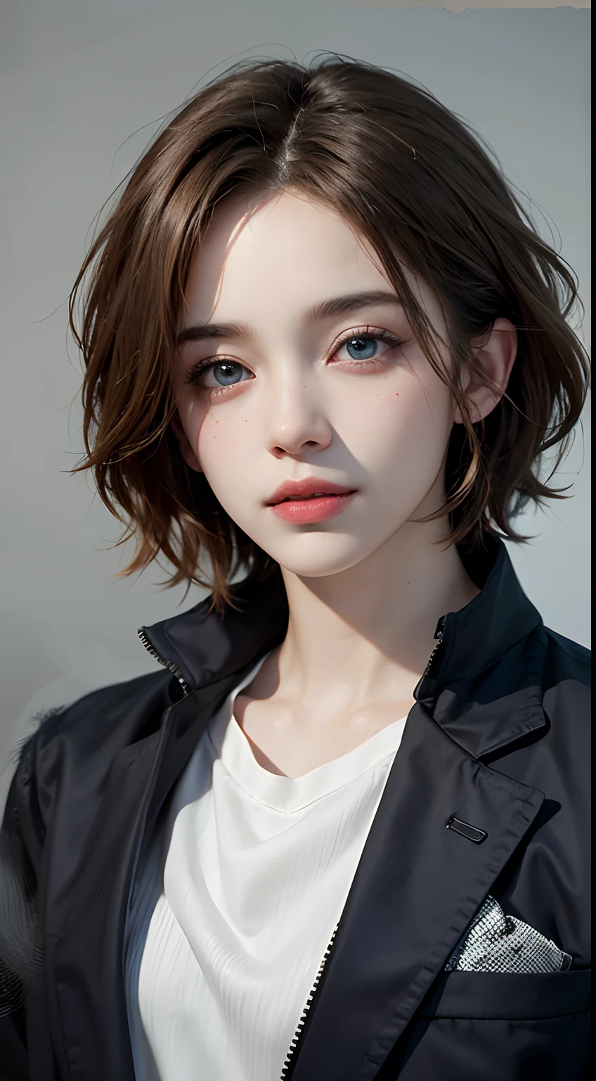 8K Ultra HD、RAWphotograph、モデルphotograph撮影、 European Fashion、(masterpiece、Highest quality、Realistic、High resolution、photograph:1.3)、close、focus on、Hot Model、slim、30 year old mature woman、Small face、No makeup、short hair、Beautiful dark brown Hayne eyes、Genuineスキン、(Perfect body)、Sexy hot face、sexual sight、slim、shirt、Denim Jacket、Long sleeve、Beautiful eyes in every detail、Glossy lips、((Bright light、Dynamic Lighting、Genuine、超Genuine、 realism、Genuineなディテール、Cool Beauty、Cool pose、Background gray、Plain gray background