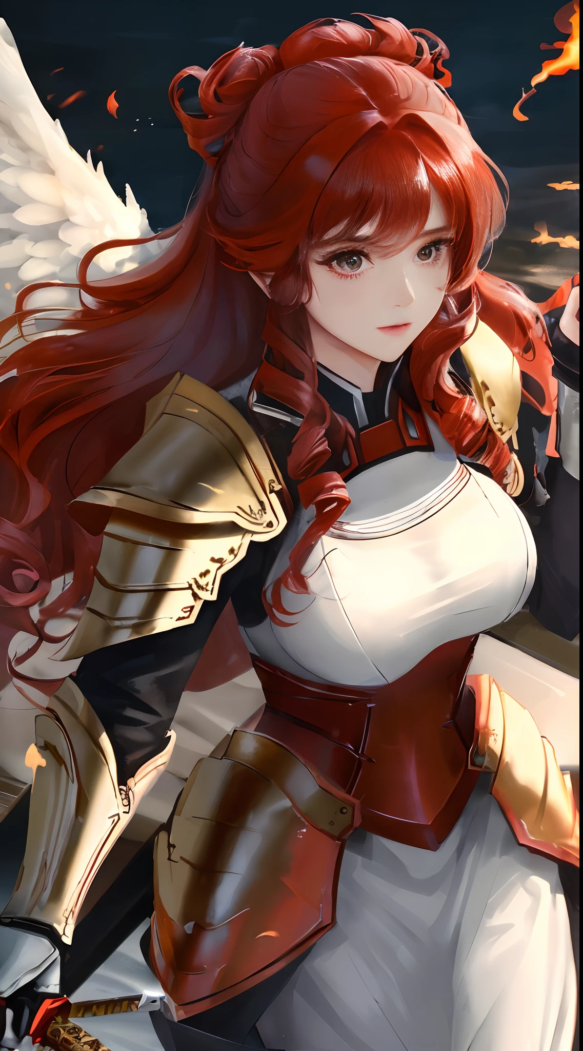 Redhead warrior, detailed, 1 girl, beautiful, 8k, artwork, ultra realistic, medieval costume, black armor, red skirt, miniskirt, sitting, legs open, panties, panties appearing, white panties, upskirt, cameltoe, thong, pantyshot, RAW,