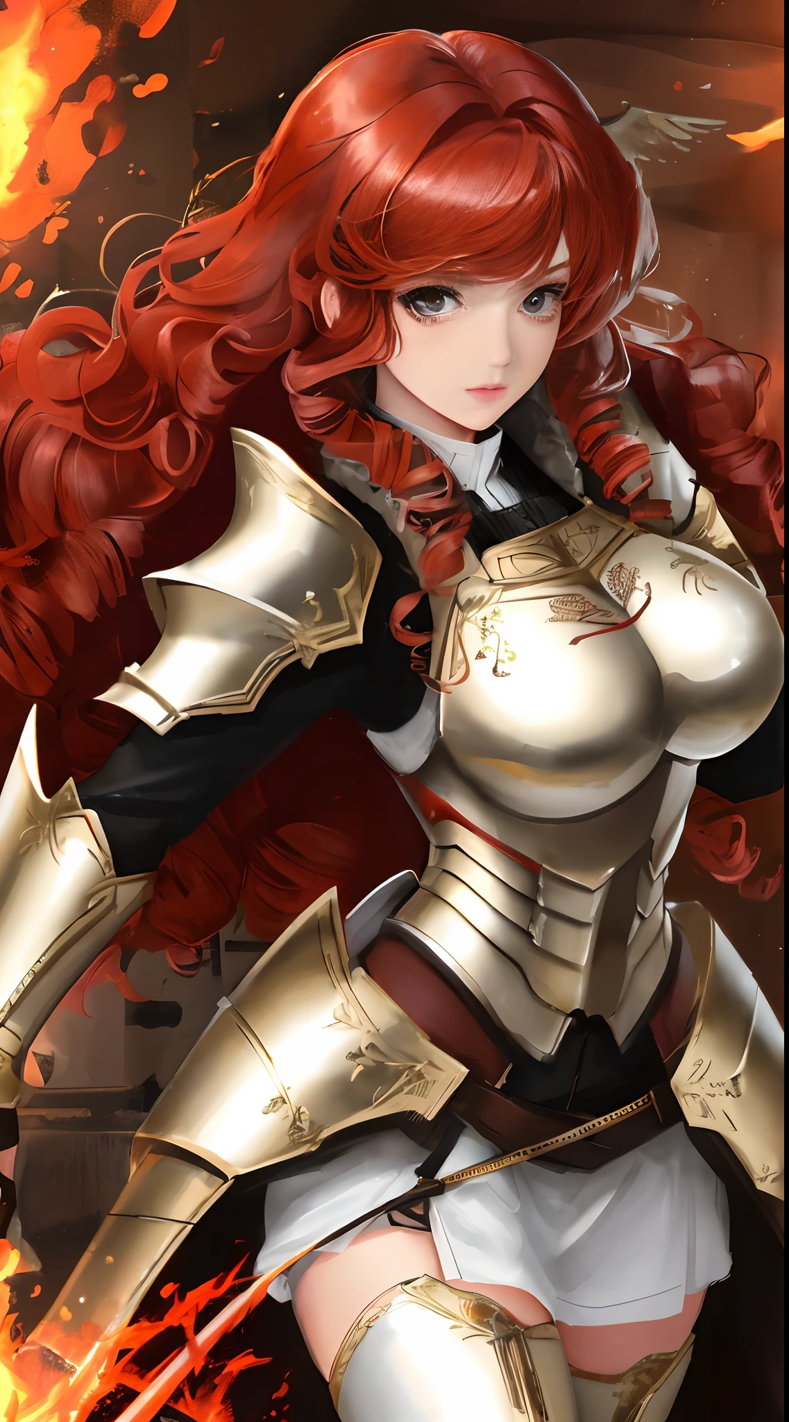 (High-definition texture at film level) The (female) shows a beautiful (face) and (angel wings). She has (delicate face) and long (red curly hair), wears technological armor and safe (flaming sword).