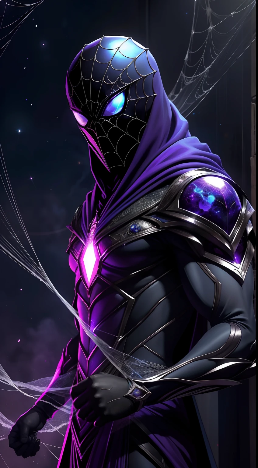 Spectral Spider" He wears a dark suit with purple and blue ethereal flashes. En su pecho, The spectral symbol takes the form of a single spider, parecida a la Araneidae Luminae, A fictional species of spider that shines in a dim and mysterious light. His mask has bright blue eyes and shoots threads of ethereal energy instead of cobwebs.. Se mueve sigilosamente y lucha contra villanos sobrenaturales, Using its connection to spectral energy in an enigmatic multiverse.