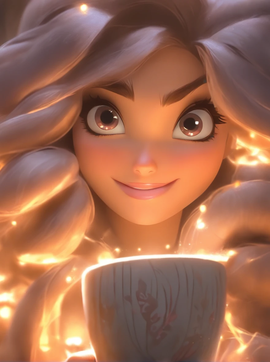 Anime rapunzel girl holding coffee,Traincore's style,Portrait of realism,Dark silver and light black style,Traincore's style,Realistic portraits,greys,Realistic city scene,realistic scene,black and grey,32k uhd,Meticulous,Realistic drawing,Wavy,Shiny,I can't believe how beautiful this is