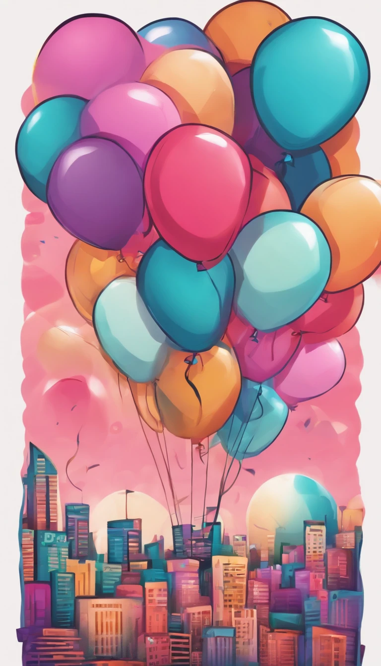 Happy Birthday Letter Logo、pinkcolor、Multicolored balloons on background、Pochama、Graffiti illustration style、