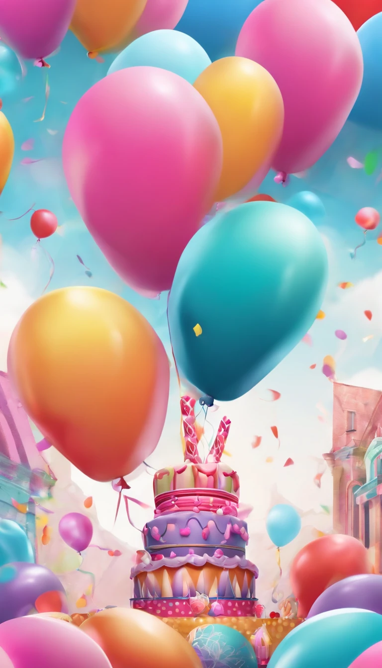 Happy Birthday Letter Logo、pinkcolor、Multicolored balloons on background、Pochama、Graffiti illustration style、