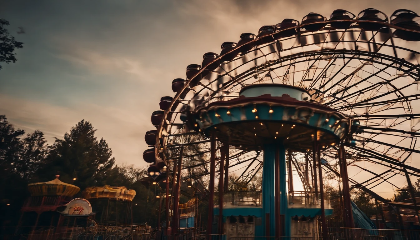 Abandoned amusement park, atmosfera sombria, lighting dramatic, detalhes intricados, obra-prima, qualidade 8K, foco nítido