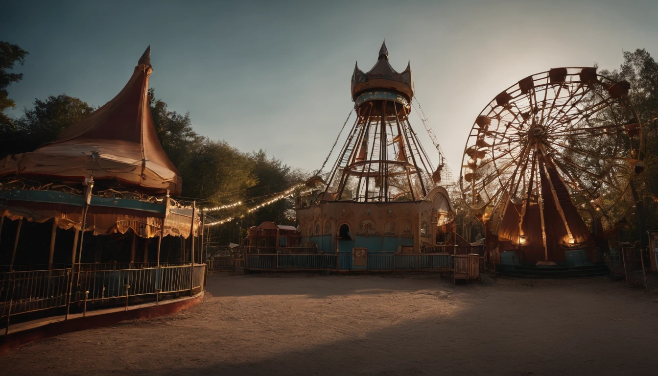 Abandoned amusement park, atmosfera sombria, lighting dramatic, detalhes intricados, obra-prima, qualidade 8K, foco nítido